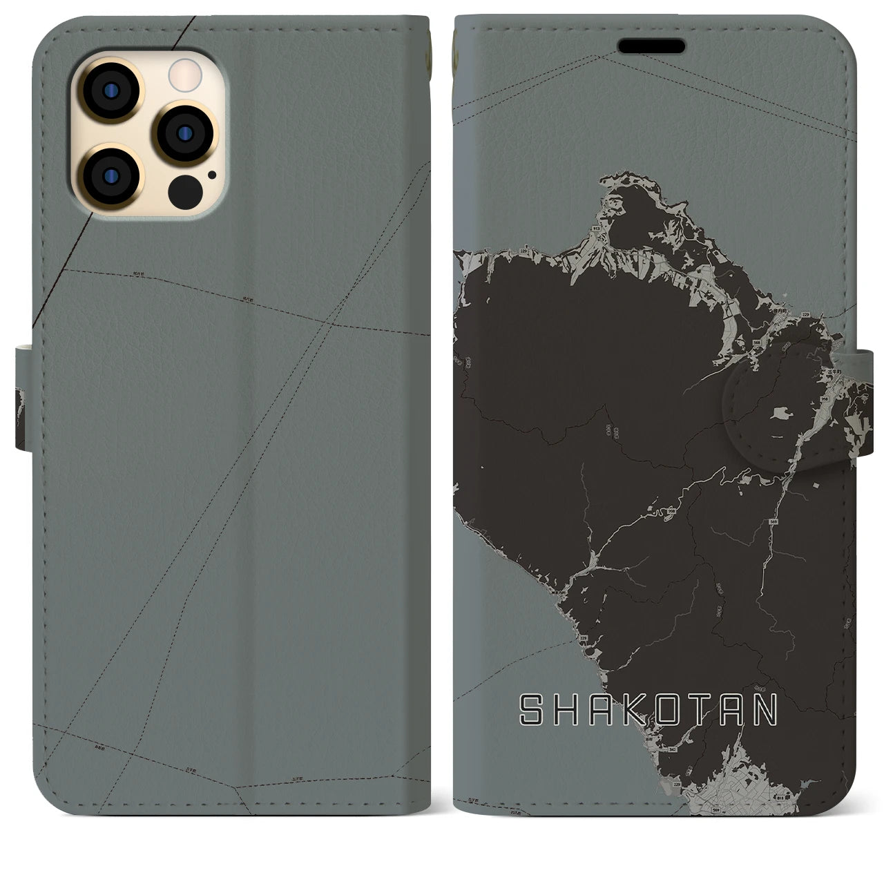 【積丹(北海道)】地図柄iPhoneケース(手帳タイプ)モノトーン・iPhone 12 Pro Max 用