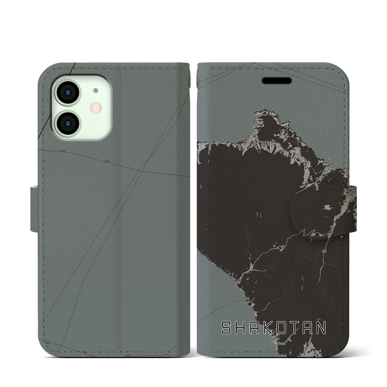 【積丹(北海道)】地図柄iPhoneケース(手帳タイプ)モノトーン・iPhone 12 mini 用