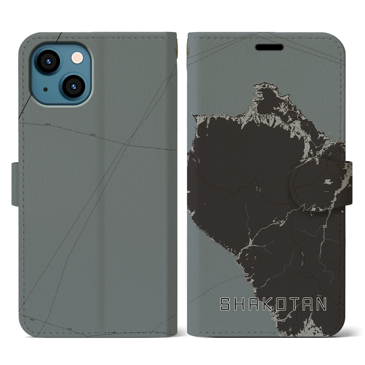 【積丹(北海道)】地図柄iPhoneケース(手帳タイプ)モノトーン・iPhone 13 用