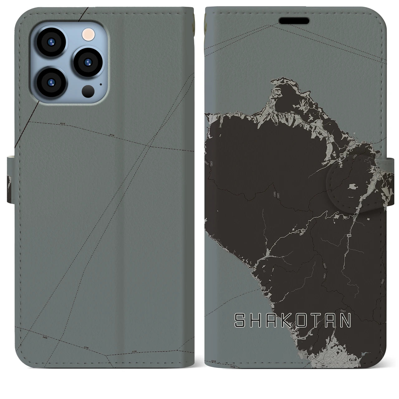 【積丹(北海道)】地図柄iPhoneケース(手帳タイプ)モノトーン・iPhone 13 Pro Max 用