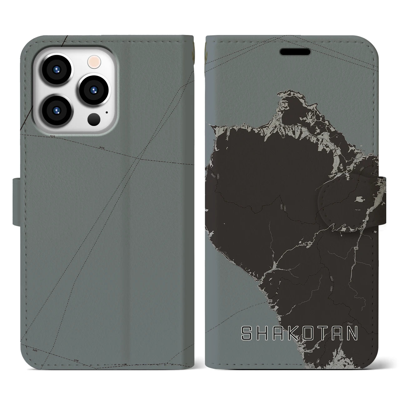 【積丹(北海道)】地図柄iPhoneケース(手帳タイプ)モノトーン・iPhone 13 Pro 用