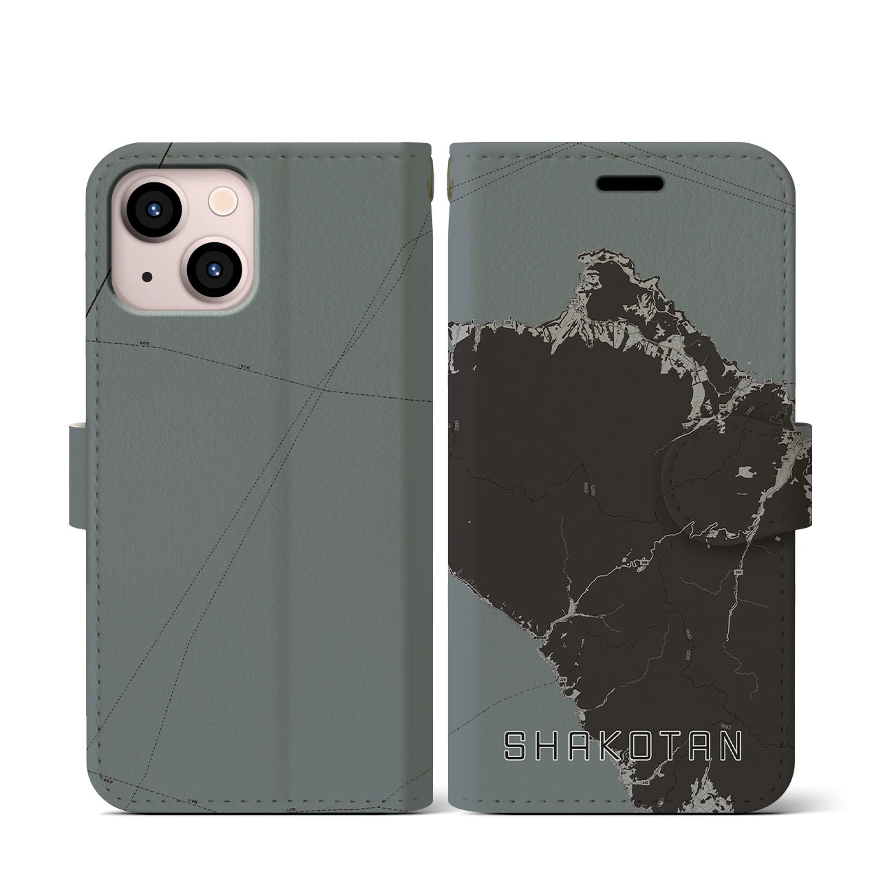 【積丹(北海道)】地図柄iPhoneケース(手帳タイプ)モノトーン・iPhone 13 mini 用