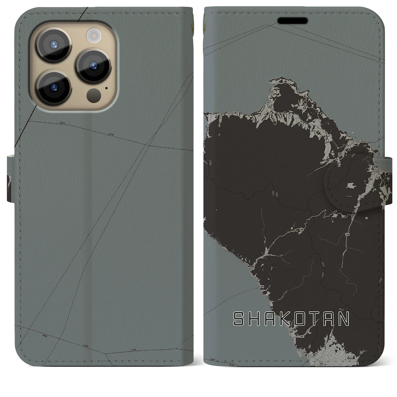 【積丹(北海道)】地図柄iPhoneケース(手帳タイプ)モノトーン・iPhone 14 Pro Max 用