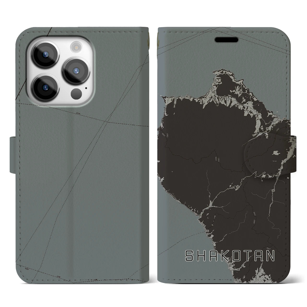 【積丹(北海道)】地図柄iPhoneケース(手帳タイプ)モノトーン・iPhone 14 Pro 用