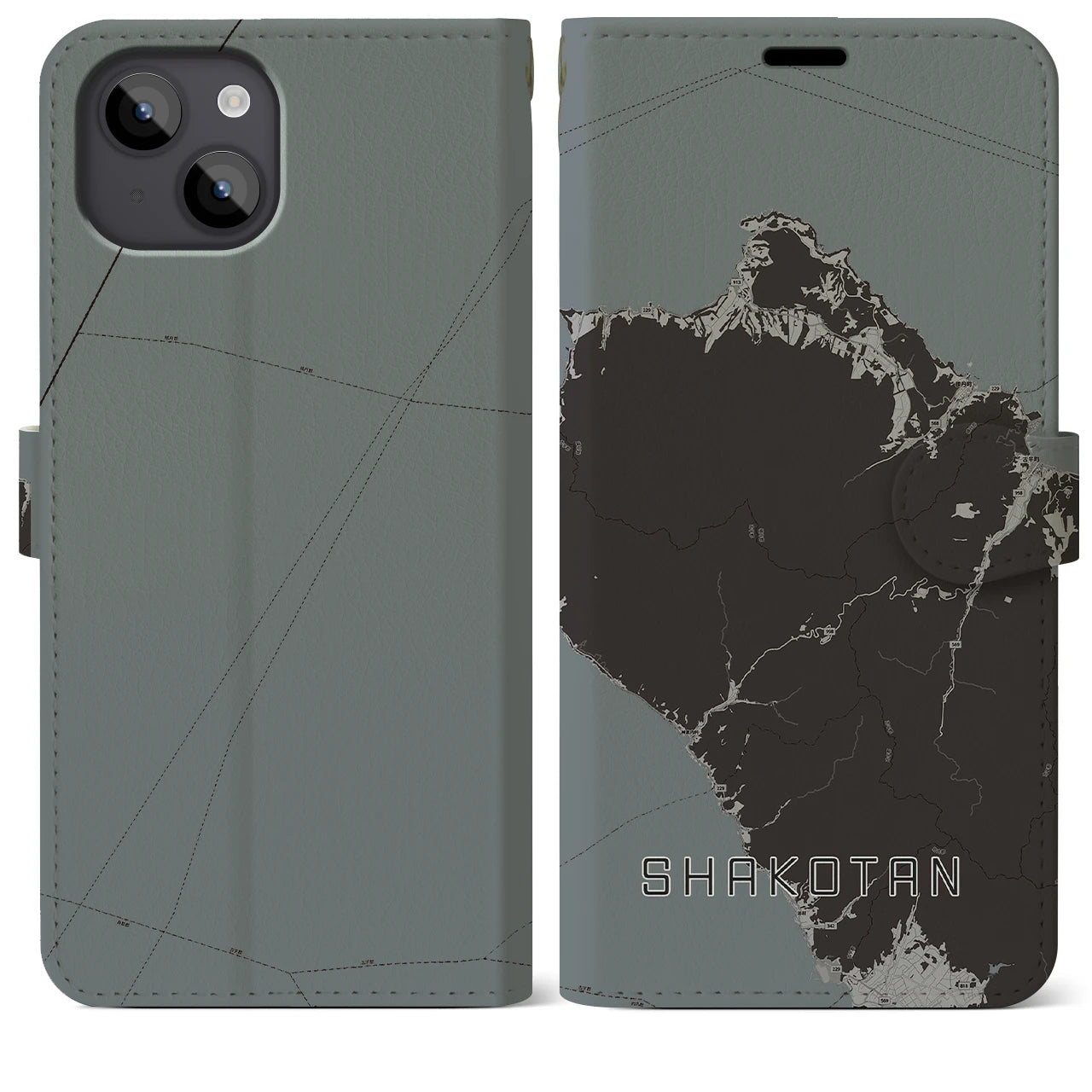 【積丹(北海道)】地図柄iPhoneケース(手帳タイプ)モノトーン・iPhone 14 Plus 用