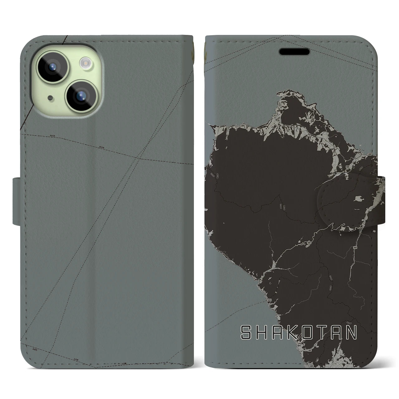 【積丹(北海道)】地図柄iPhoneケース(手帳タイプ)モノトーン・iPhone 15 用