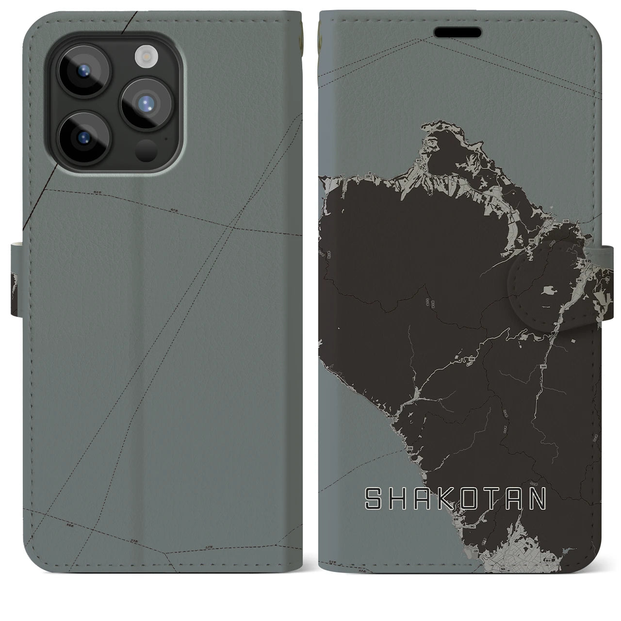 【積丹(北海道)】地図柄iPhoneケース(手帳タイプ)モノトーン・iPhone 15 Pro Max 用