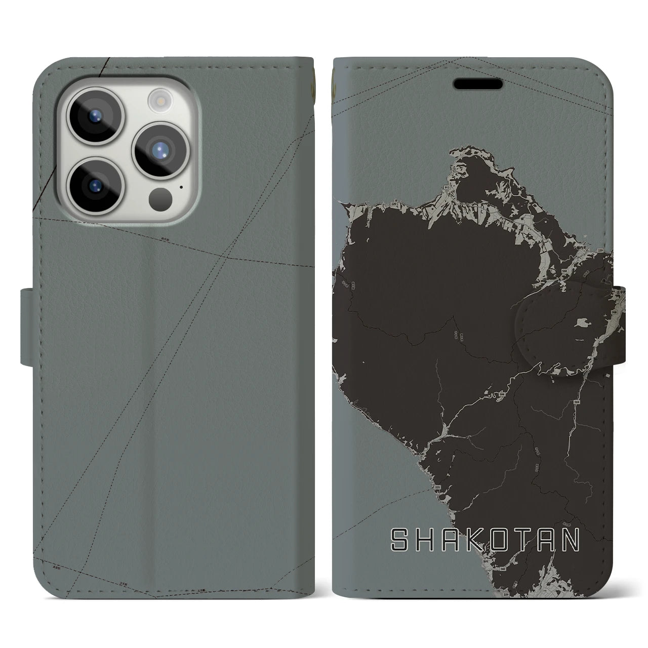 【積丹(北海道)】地図柄iPhoneケース(手帳タイプ)モノトーン・iPhone 15 Pro 用