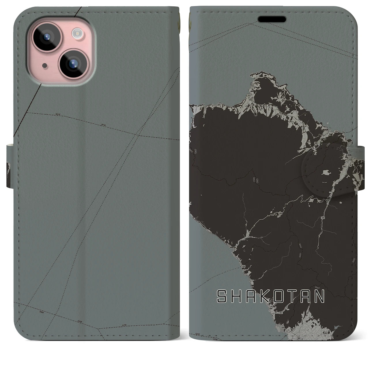 【積丹(北海道)】地図柄iPhoneケース(手帳タイプ)モノトーン・iPhone 15 Plus 用