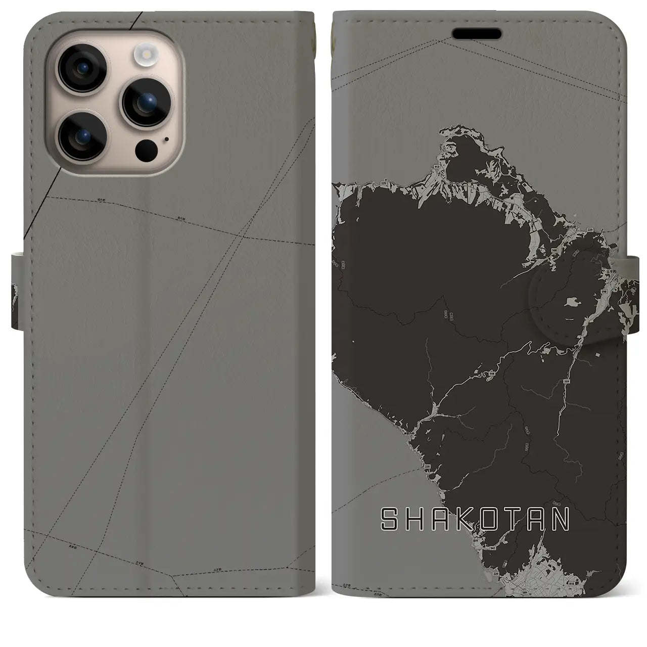 【積丹(北海道)】地図柄iPhoneケース(手帳タイプ)モノトーン・iPhone 16 Plus 用