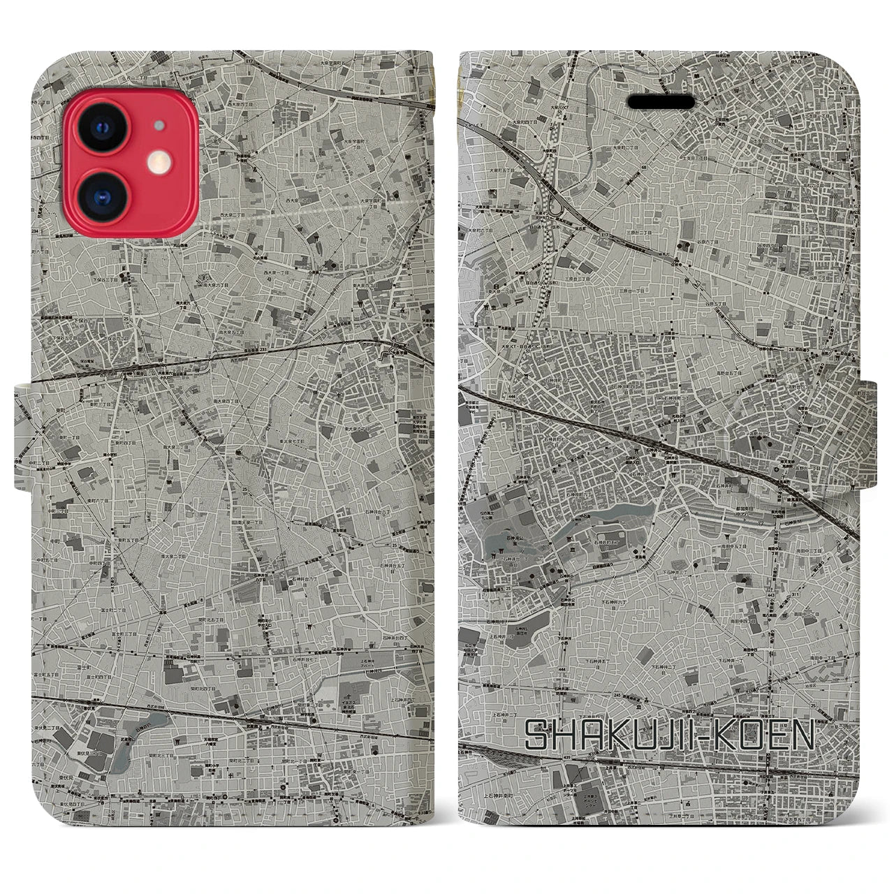 【石神井公園(東京都)】地図柄iPhoneケース(手帳タイプ)モノトーン・iPhone 11 用