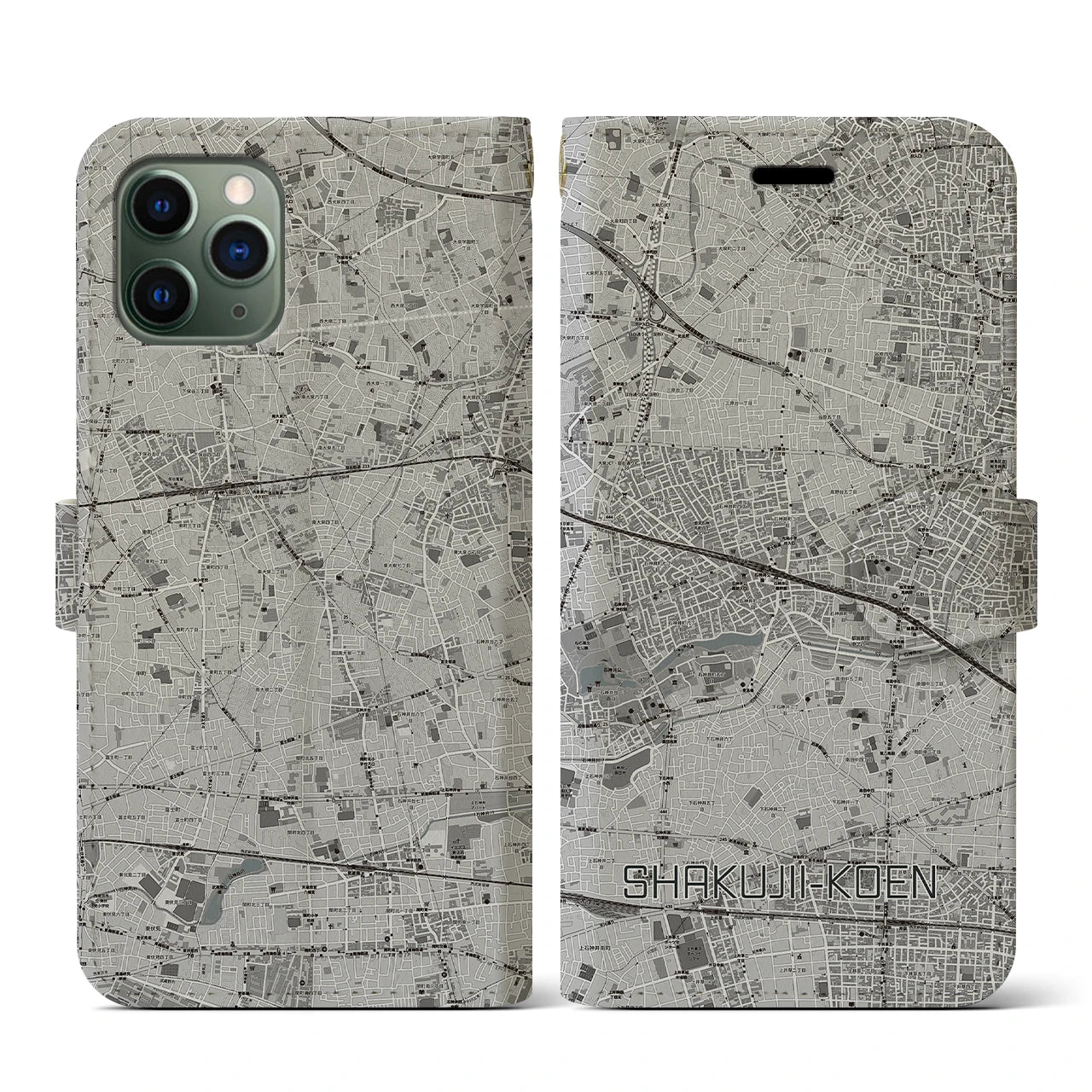 【石神井公園(東京都)】地図柄iPhoneケース(手帳タイプ)モノトーン・iPhone 11 Pro 用