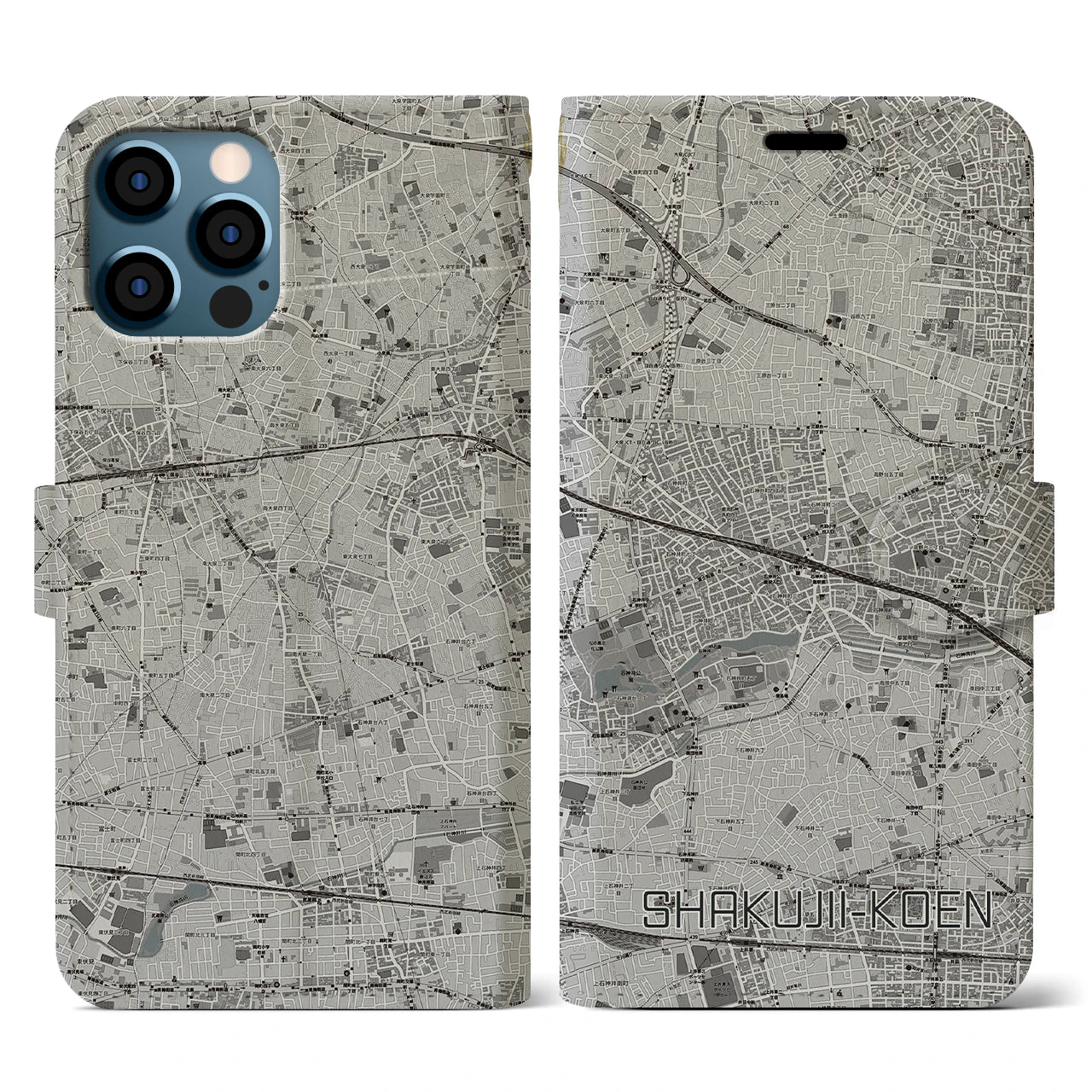 【石神井公園(東京都)】地図柄iPhoneケース(手帳タイプ)モノトーン・iPhone 12 / 12 Pro 用