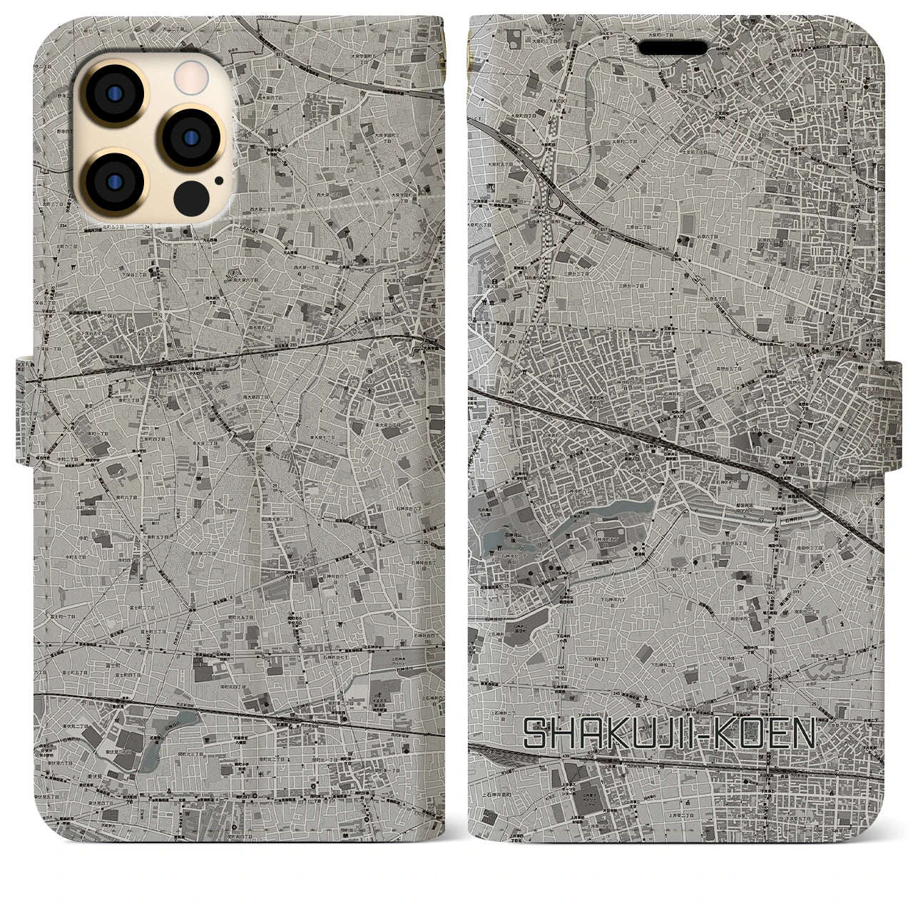 【石神井公園(東京都)】地図柄iPhoneケース(手帳タイプ)モノトーン・iPhone 12 Pro Max 用