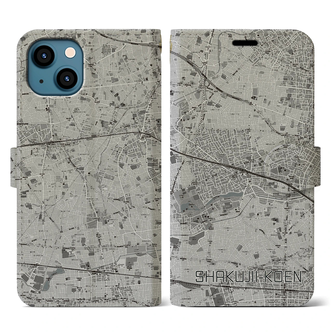 【石神井公園(東京都)】地図柄iPhoneケース(手帳タイプ)モノトーン・iPhone 13 用