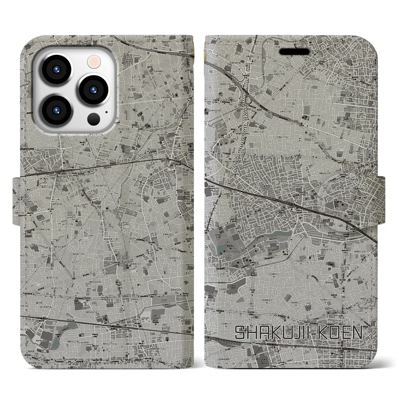 【石神井公園(東京都)】地図柄iPhoneケース(手帳タイプ)モノトーン・iPhone 13 Pro 用
