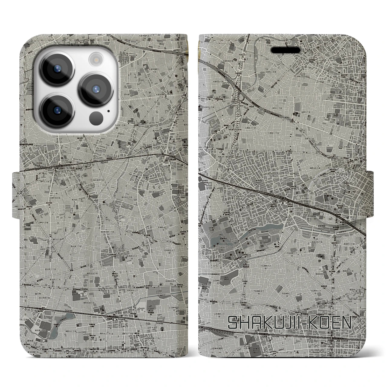 【石神井公園(東京都)】地図柄iPhoneケース(手帳タイプ)モノトーン・iPhone 14 Pro 用