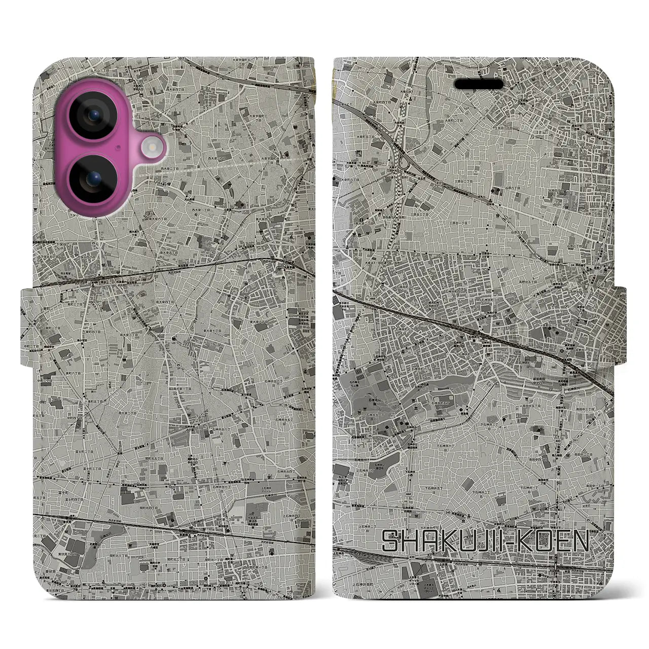 【石神井公園(東京都)】地図柄iPhoneケース(手帳タイプ)モノトーン・iPhone 16 Pro 用