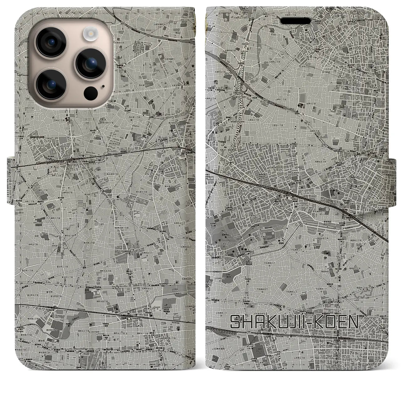 【石神井公園(東京都)】地図柄iPhoneケース(手帳タイプ)モノトーン・iPhone 16 Plus 用