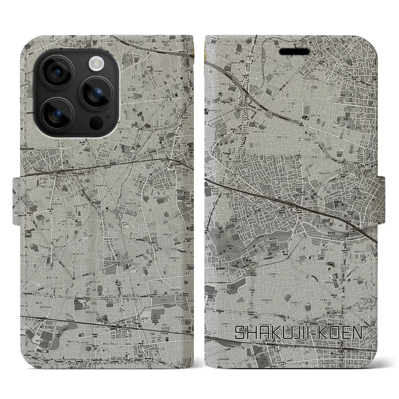 【石神井公園(東京都)】地図柄iPhoneケース(手帳タイプ)モノトーン・iPhone 16 用