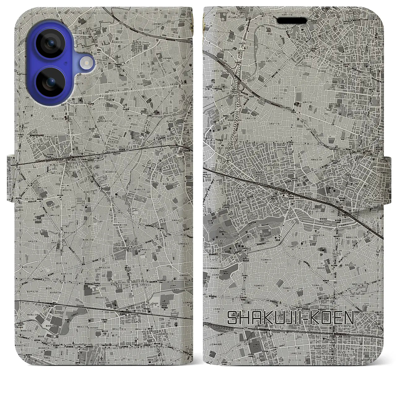 【石神井公園(東京都)】地図柄iPhoneケース(手帳タイプ)モノトーン・iPhone 16 Pro Max 用