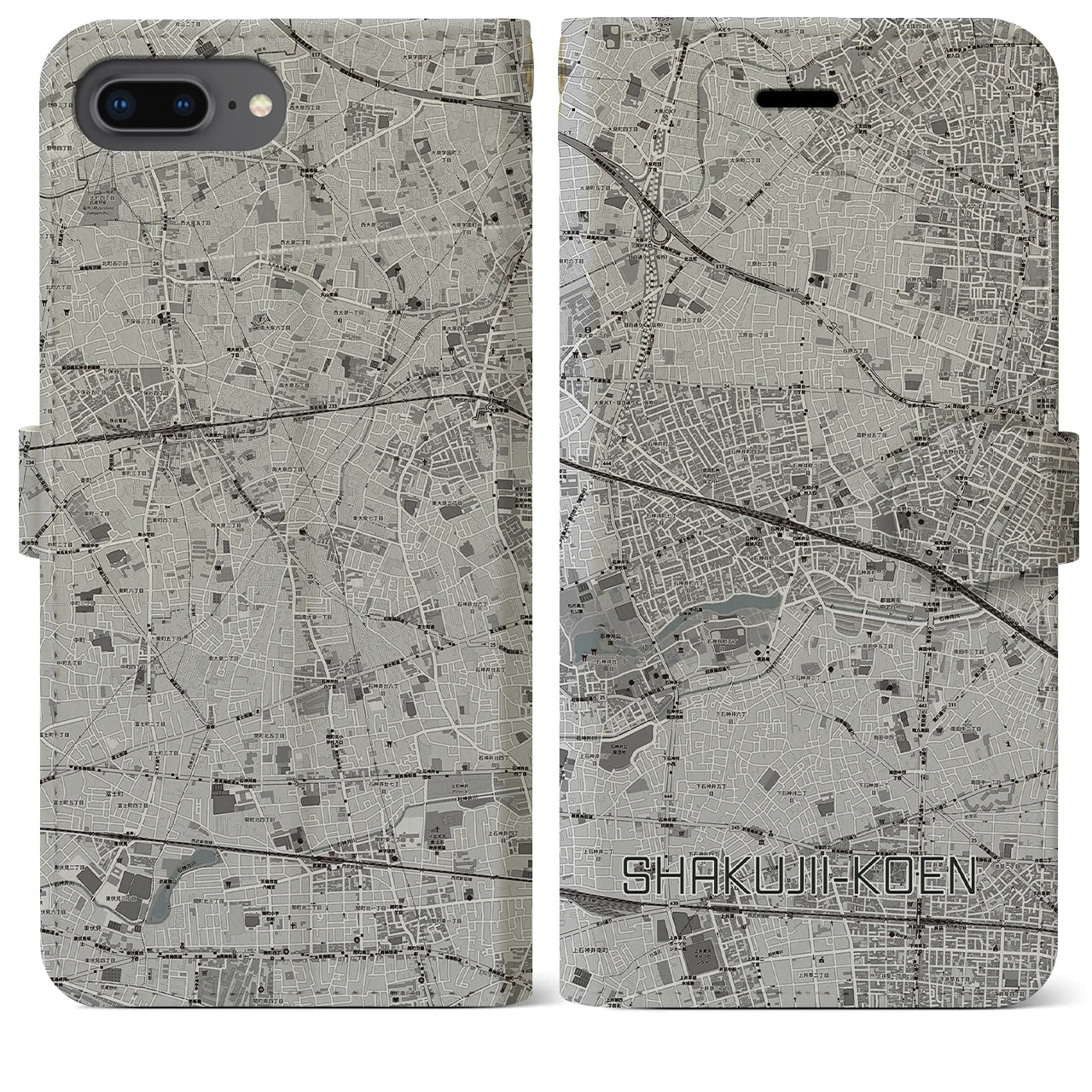【石神井公園(東京都)】地図柄iPhoneケース(手帳タイプ)モノトーン・iPhone 8Plus /7Plus / 6sPlus / 6Plus 用