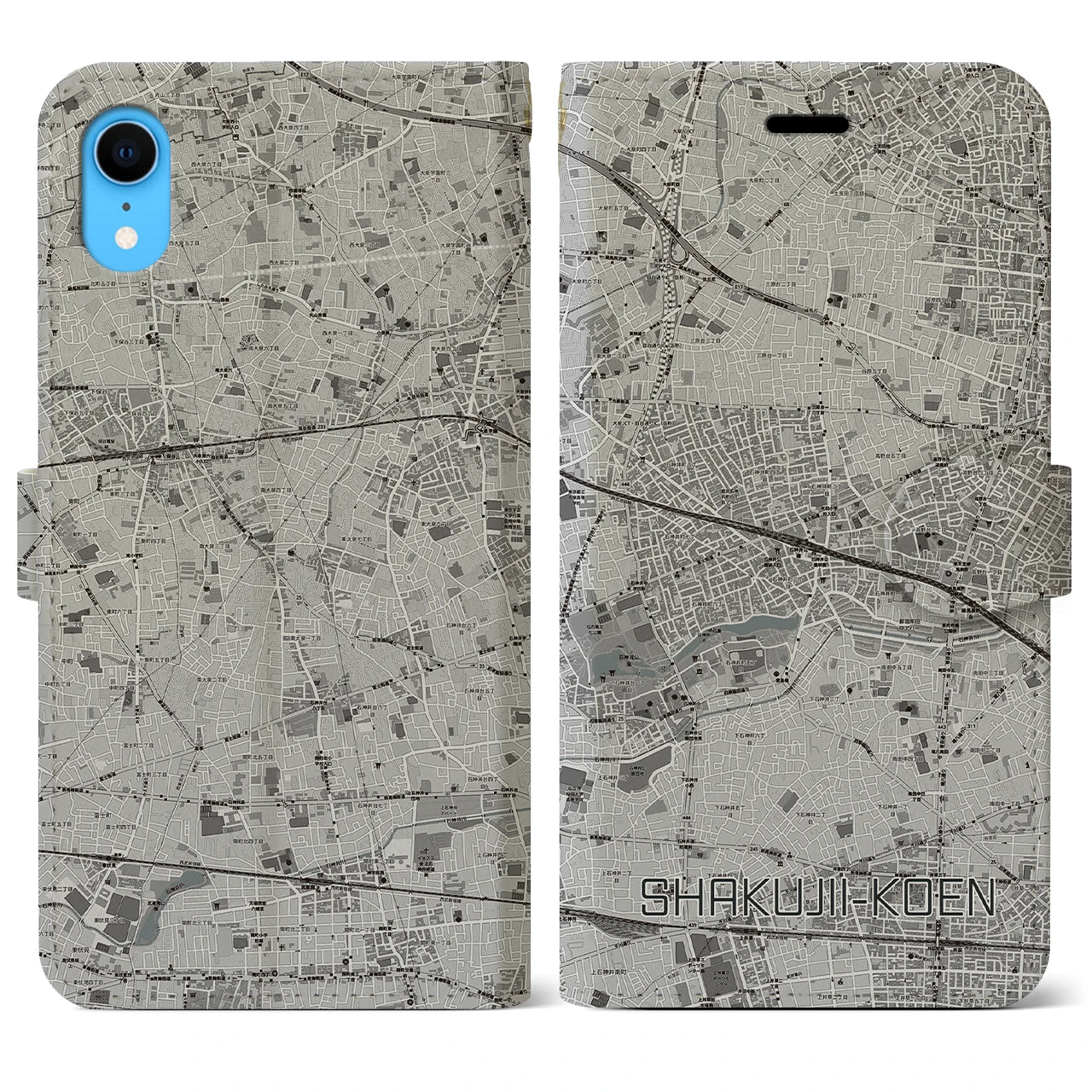 【石神井公園(東京都)】地図柄iPhoneケース(手帳タイプ)モノトーン・iPhone XR 用
