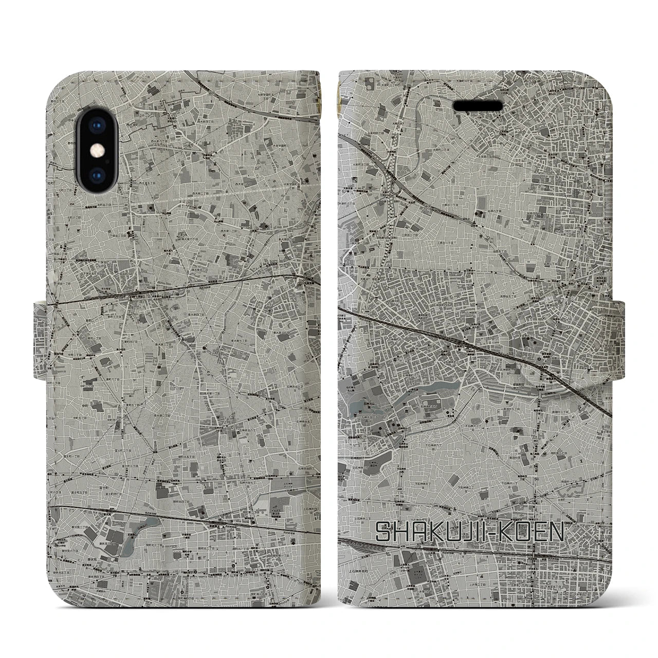 【石神井公園(東京都)】地図柄iPhoneケース(手帳タイプ)モノトーン・iPhone XS / X 用