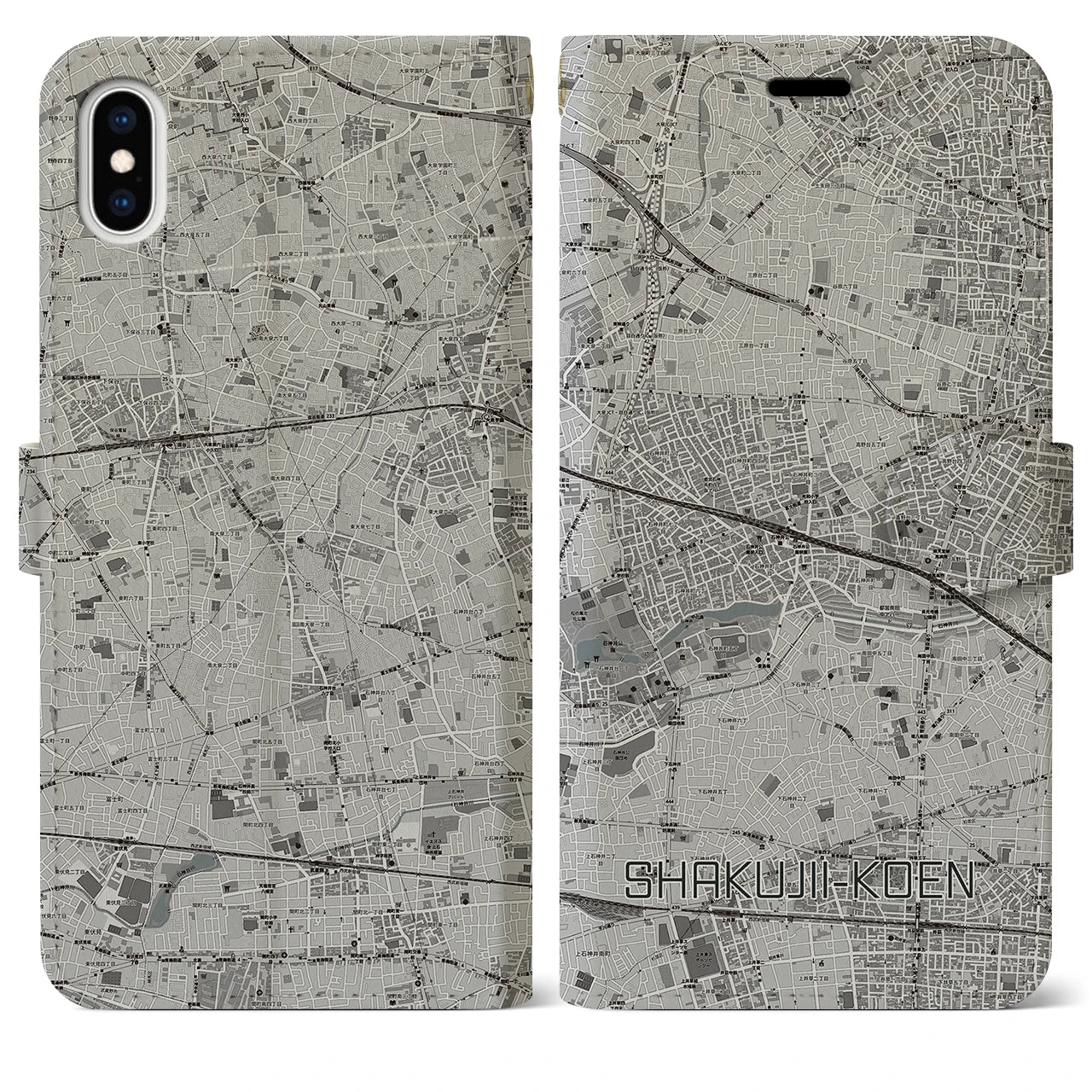 【石神井公園(東京都)】地図柄iPhoneケース(手帳タイプ)モノトーン・iPhone XS Max 用