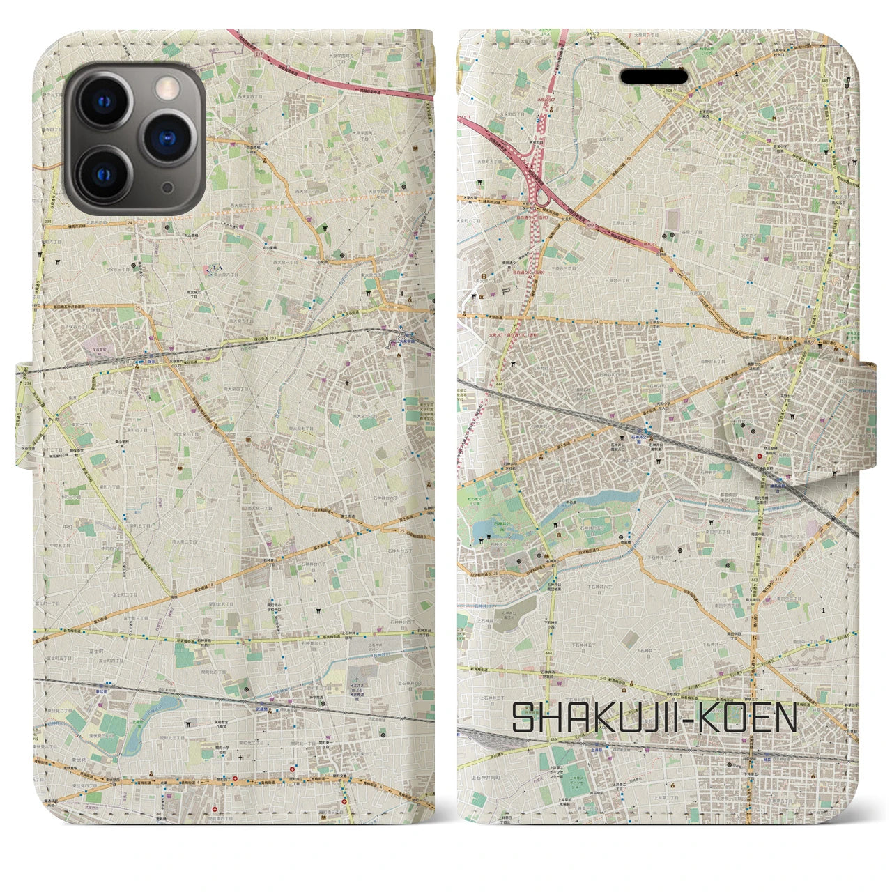 【石神井公園(東京都)】地図柄iPhoneケース(手帳タイプ)ナチュラル・iPhone 11 Pro Max 用
