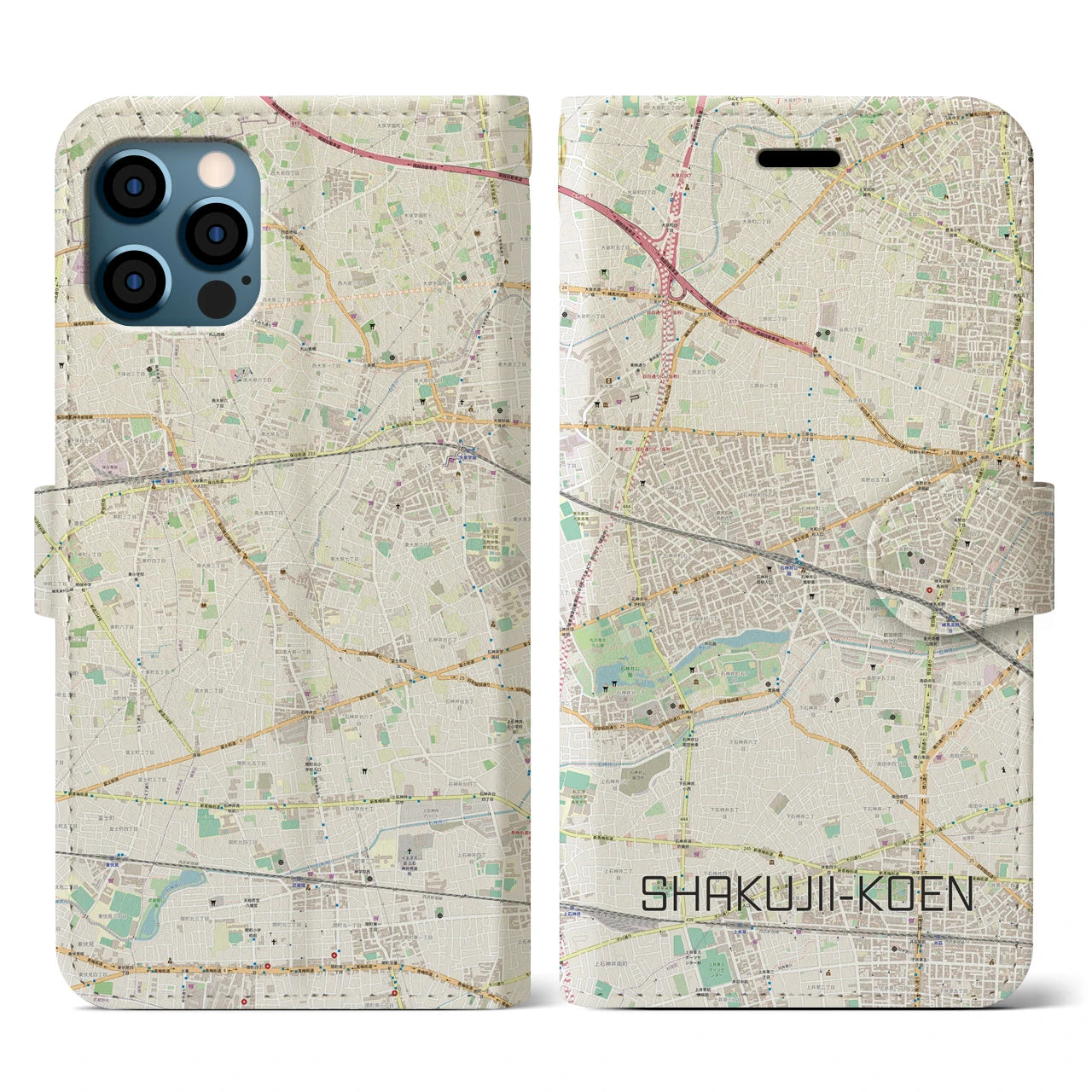 【石神井公園(東京都)】地図柄iPhoneケース(手帳タイプ)ナチュラル・iPhone 12 / 12 Pro 用