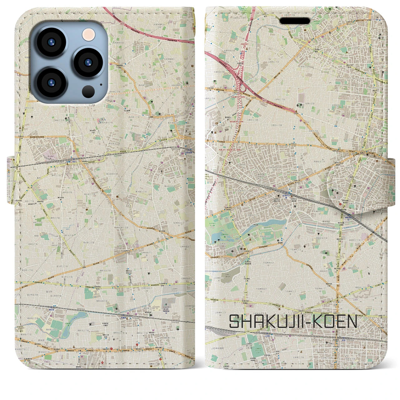 【石神井公園(東京都)】地図柄iPhoneケース(手帳タイプ)ナチュラル・iPhone 13 Pro Max 用