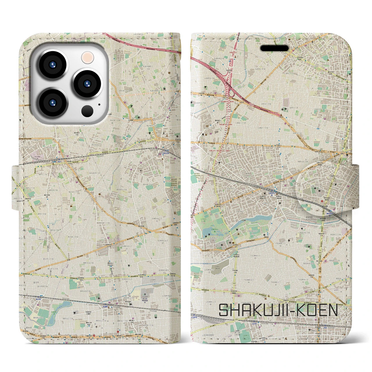 【石神井公園(東京都)】地図柄iPhoneケース(手帳タイプ)ナチュラル・iPhone 13 Pro 用