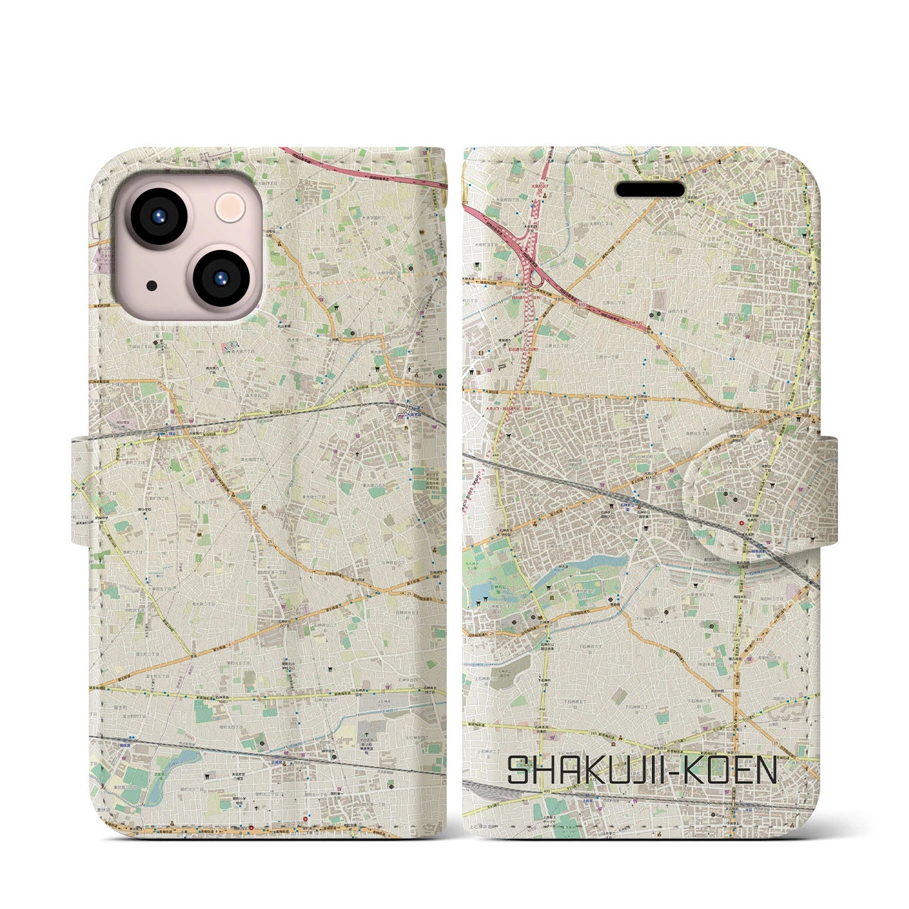 【石神井公園(東京都)】地図柄iPhoneケース(手帳タイプ)ナチュラル・iPhone 13 mini 用