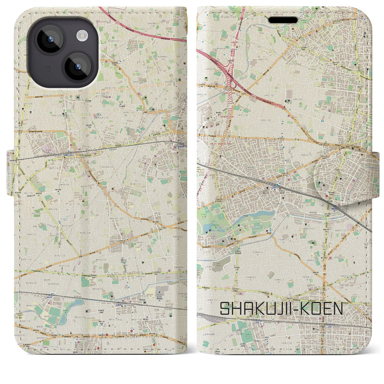 【石神井公園(東京都)】地図柄iPhoneケース(手帳タイプ)ナチュラル・iPhone 14 Plus 用