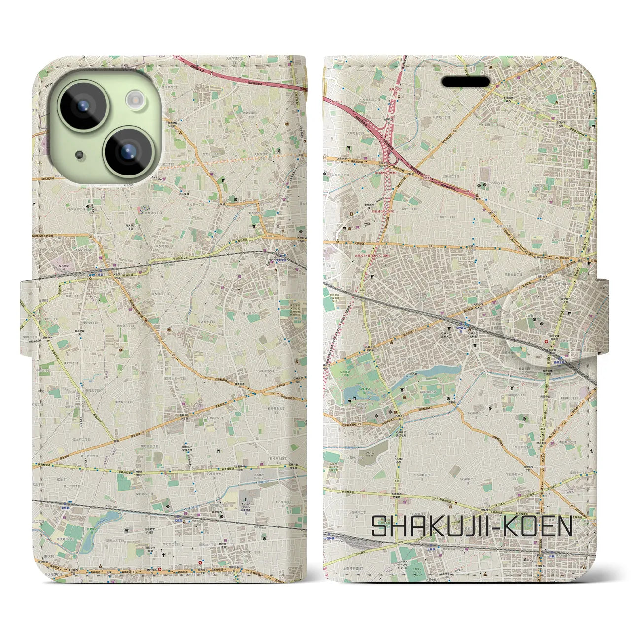 【石神井公園(東京都)】地図柄iPhoneケース(手帳タイプ)ナチュラル・iPhone 15 用