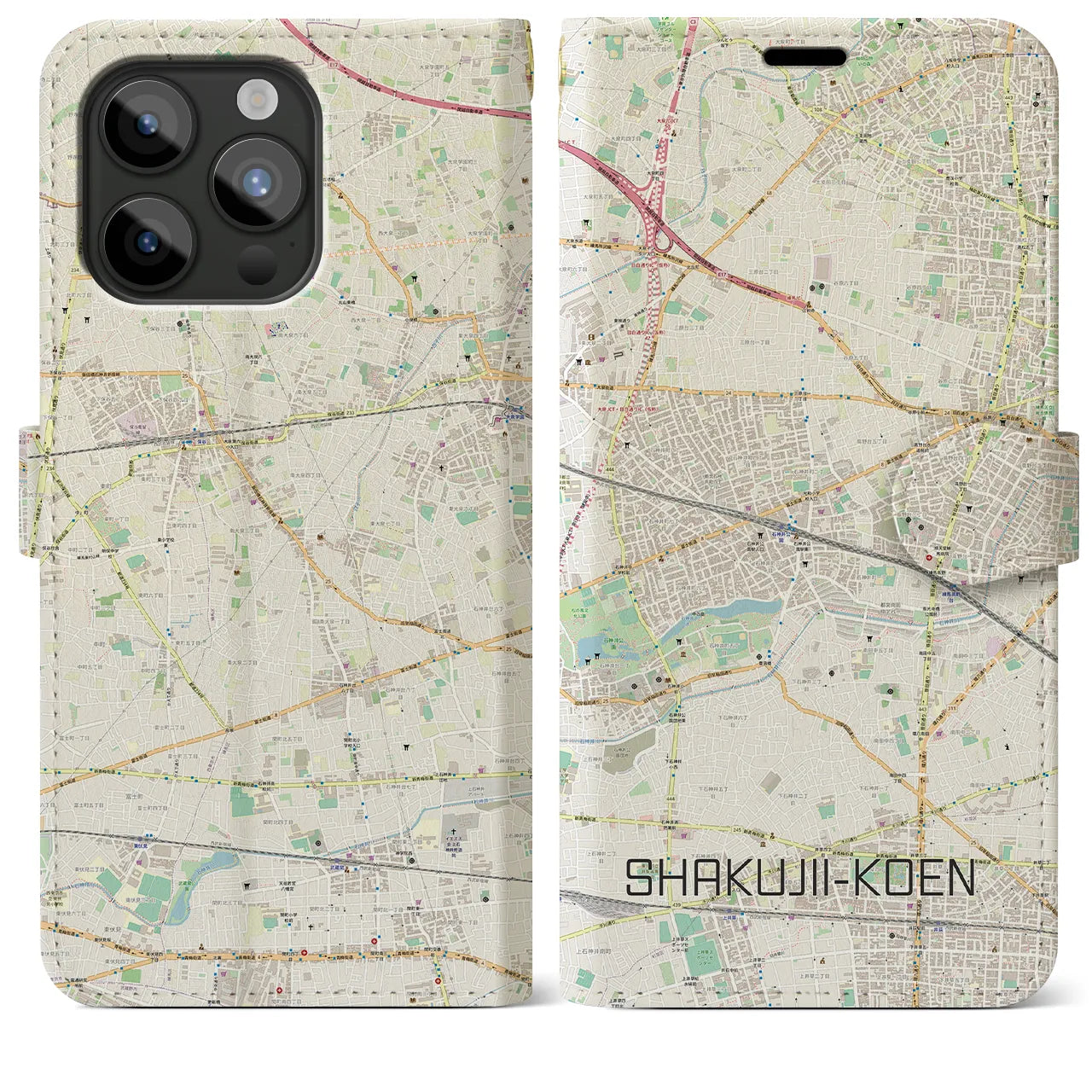 【石神井公園(東京都)】地図柄iPhoneケース(手帳タイプ)ナチュラル・iPhone 15 Pro Max 用