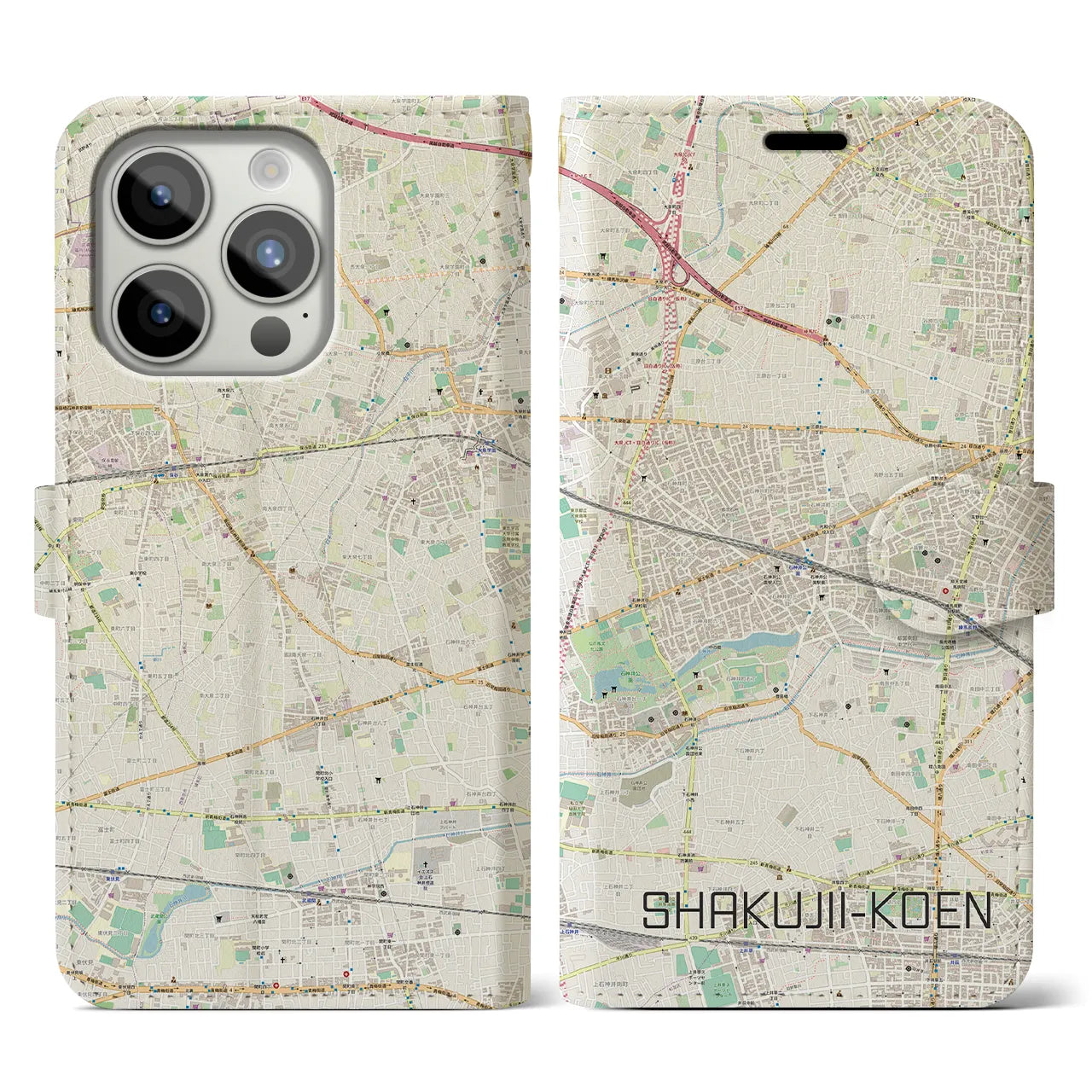 【石神井公園(東京都)】地図柄iPhoneケース(手帳タイプ)ナチュラル・iPhone 15 Pro 用