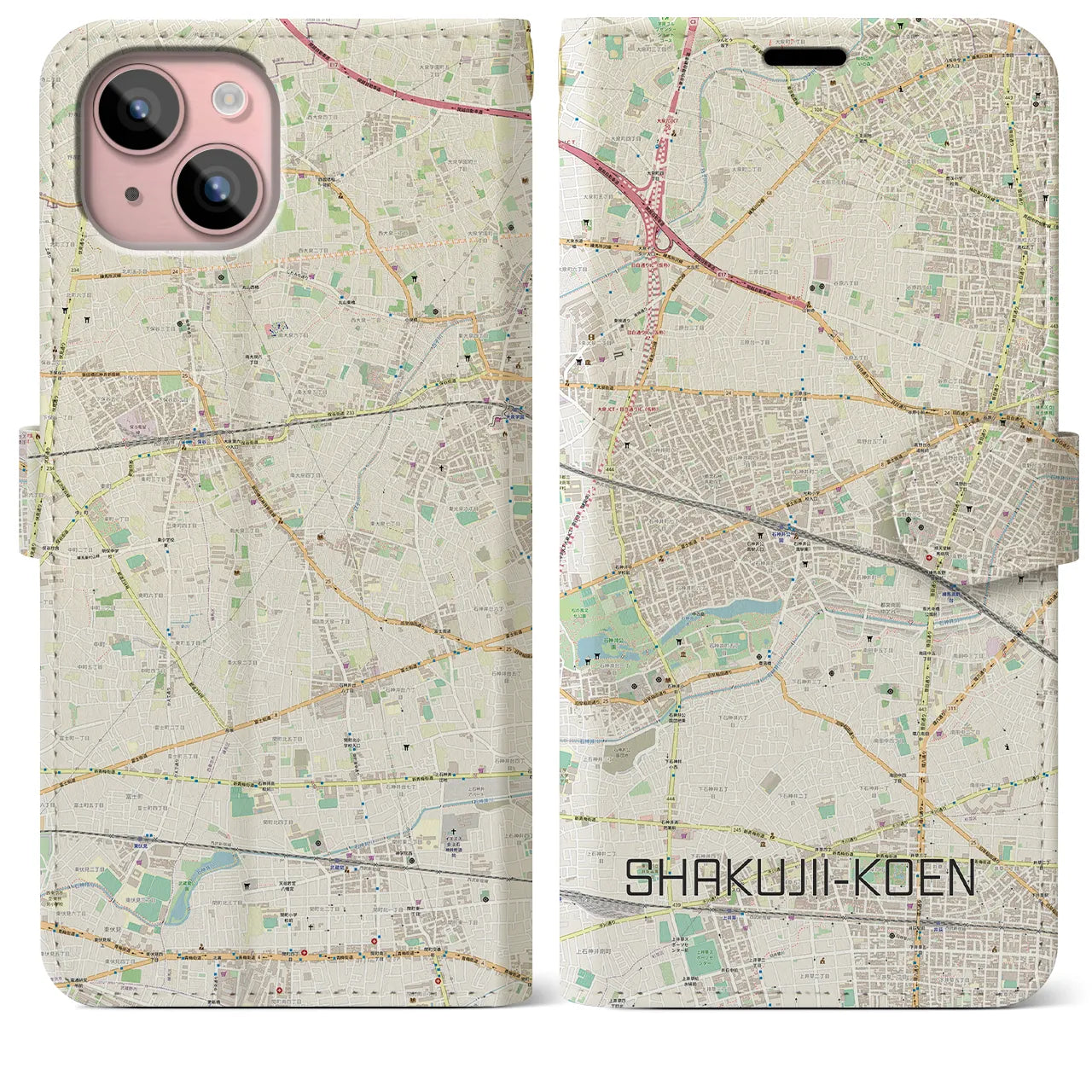 【石神井公園(東京都)】地図柄iPhoneケース(手帳タイプ)ナチュラル・iPhone 15 Plus 用