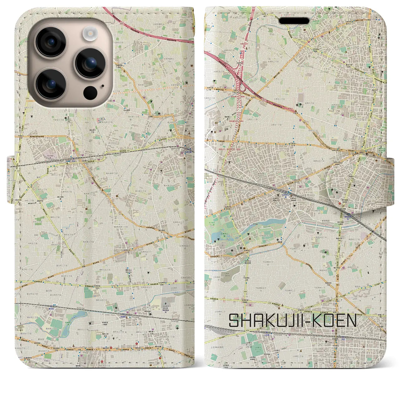 【石神井公園(東京都)】地図柄iPhoneケース(手帳タイプ)ナチュラル・iPhone 16 Plus 用