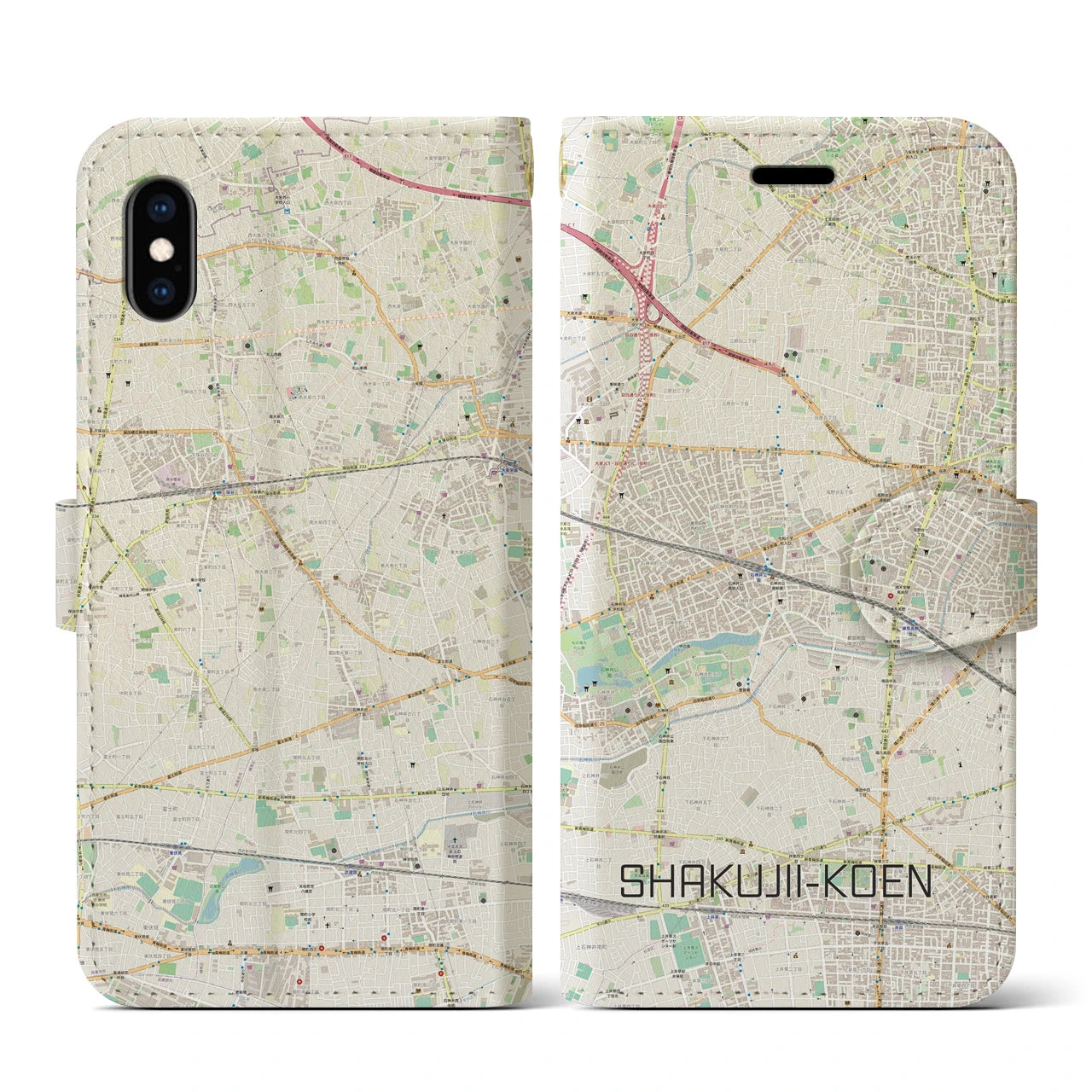 【石神井公園(東京都)】地図柄iPhoneケース(手帳タイプ)ナチュラル・iPhone XS / X 用