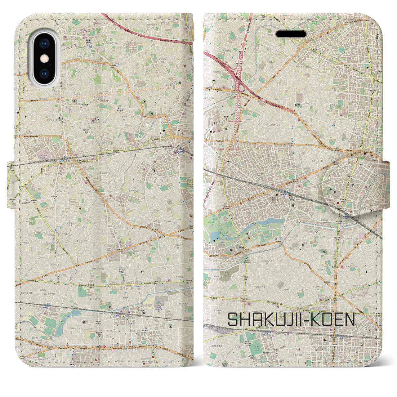 【石神井公園(東京都)】地図柄iPhoneケース(手帳タイプ)ナチュラル・iPhone XS Max 用