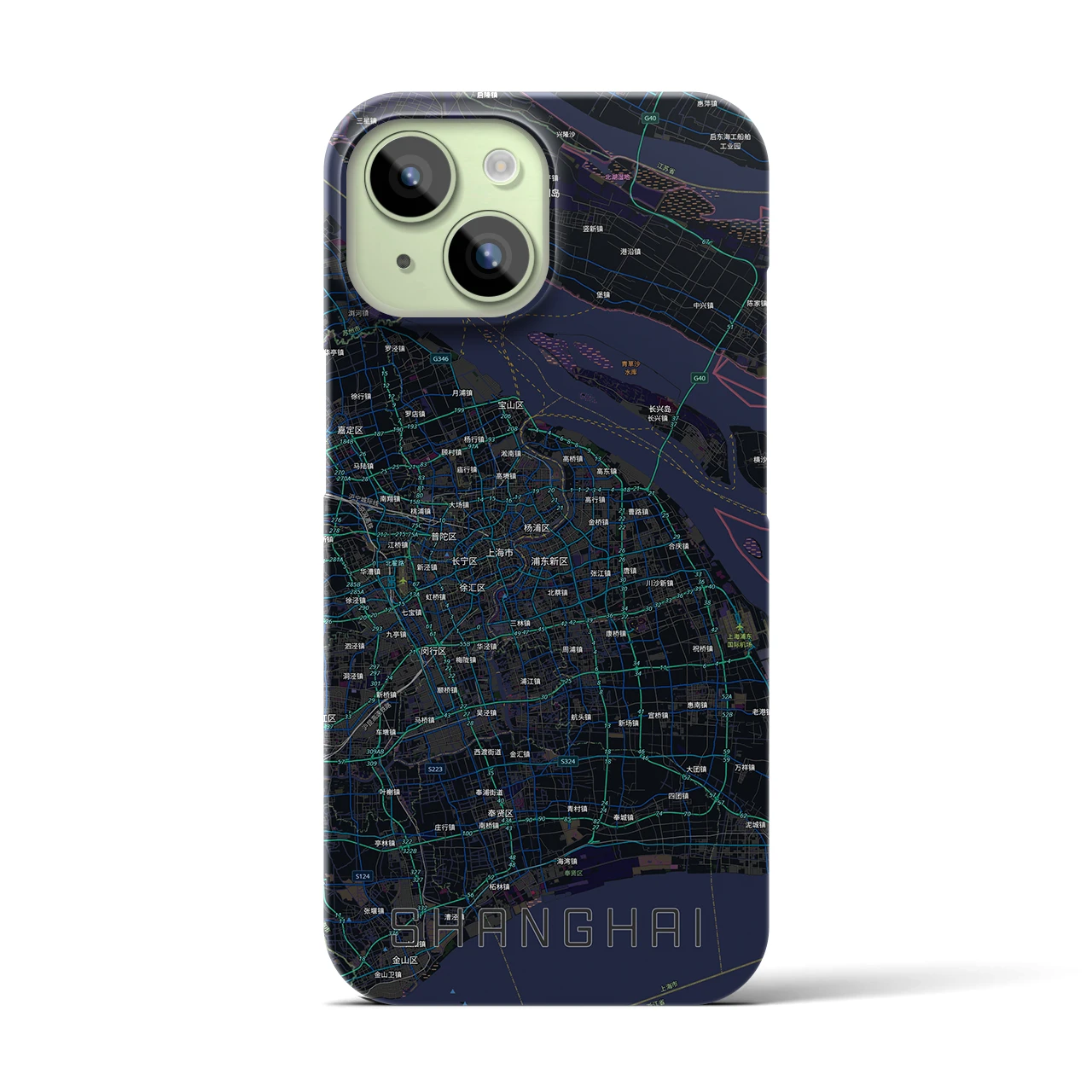 【上海2(中華人民共和国)】地図柄iPhoneケース(バックカバータイプ)ブラック・iPhone 15 用