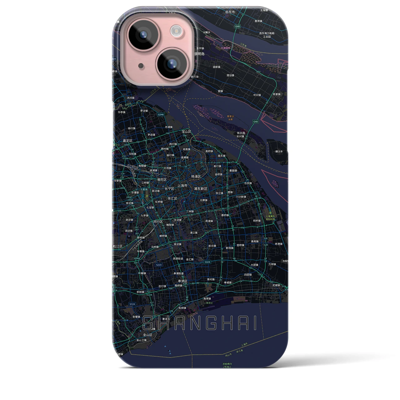 【上海2(中華人民共和国)】地図柄iPhoneケース(バックカバータイプ)ブラック・iPhone 15 Plus 用