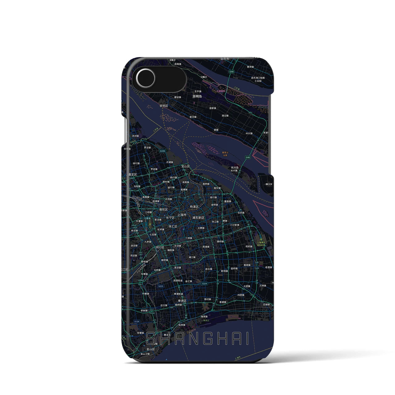 【上海2(中華人民共和国)】地図柄iPhoneケース(バックカバータイプ)ブラック・iPhone SE(第3 / 第2世代) / 8 / 7 / 6s / 6 用