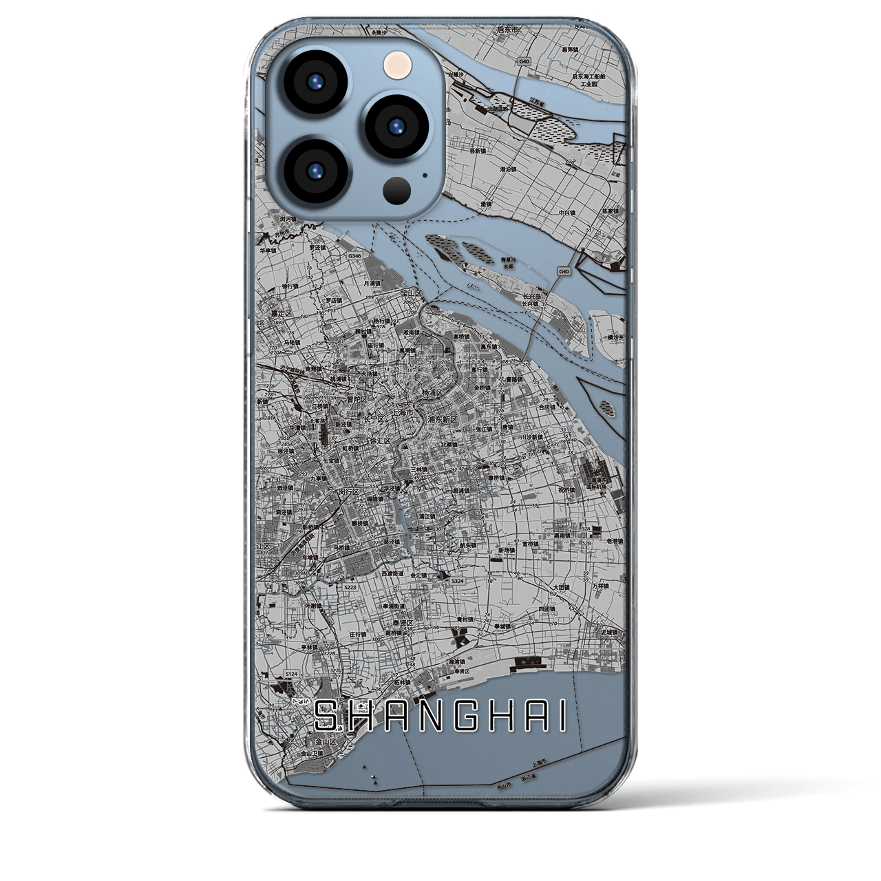 【上海2(中華人民共和国)】地図柄iPhoneケース(クリアタイプ)モノトーン・iPhone 13 Pro Max 用