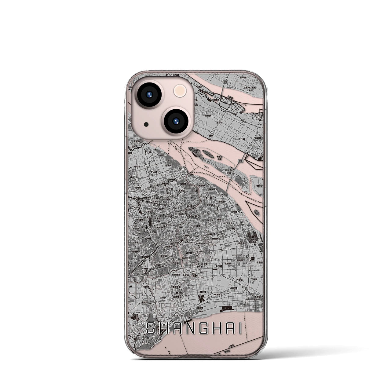 【上海2(中華人民共和国)】地図柄iPhoneケース(クリアタイプ)モノトーン・iPhone 13 mini 用