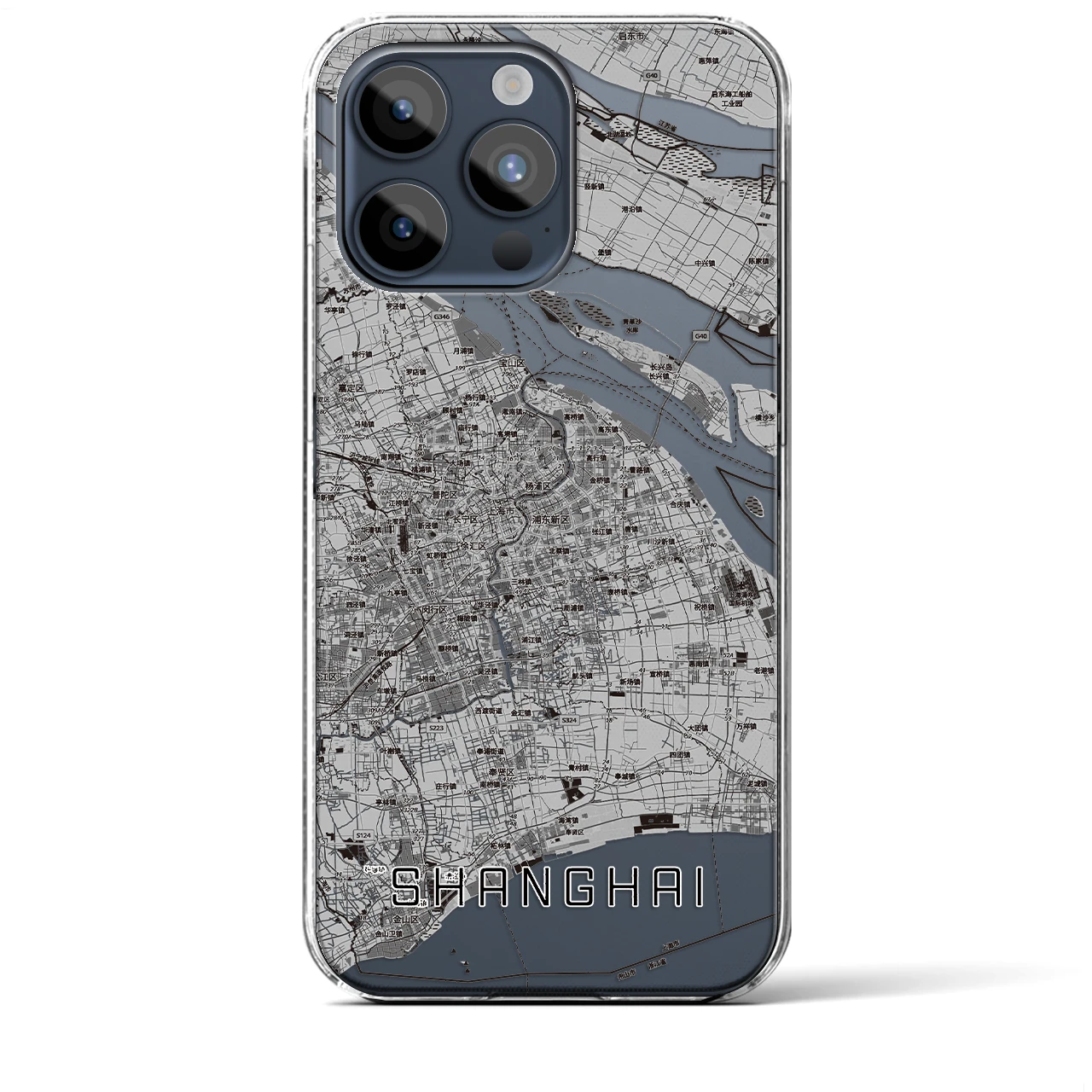 【上海2(中華人民共和国)】地図柄iPhoneケース(クリアタイプ)モノトーン・iPhone 15 Pro Max 用