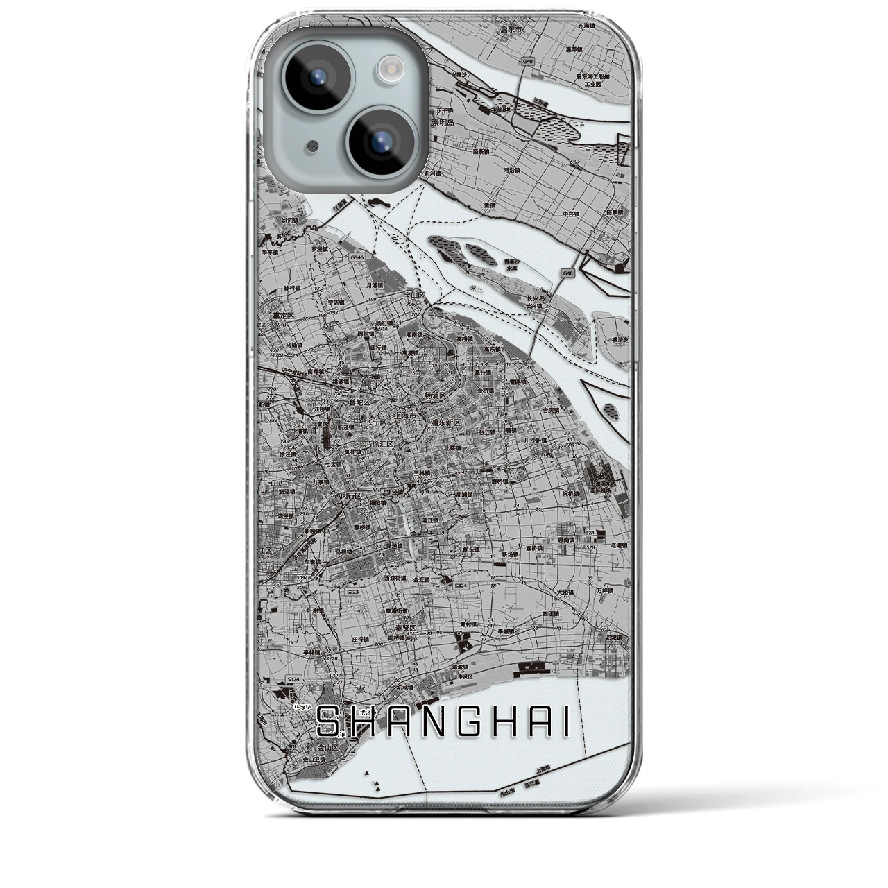 【上海2(中華人民共和国)】地図柄iPhoneケース(クリアタイプ)モノトーン・iPhone 15 Plus 用