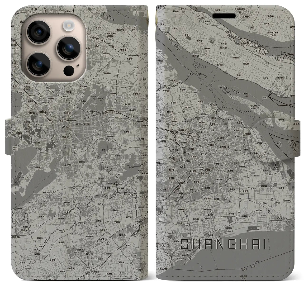 【上海2(中華人民共和国)】地図柄iPhoneケース(手帳タイプ)モノトーン・iPhone 16 Plus 用